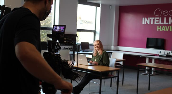 Camera Man filming Stefanie Campbell in the Maker Room in SERC's Lisburn Campus